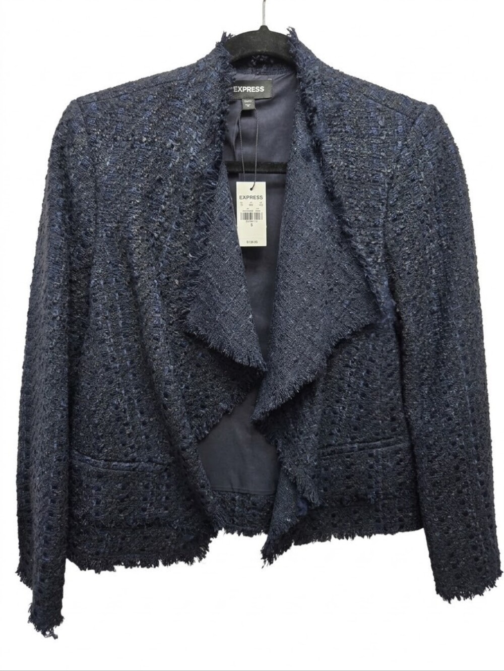 NWT Express Navy Blue Tweed Fringed Drape Open Front Blazer Dark Academia Preppy